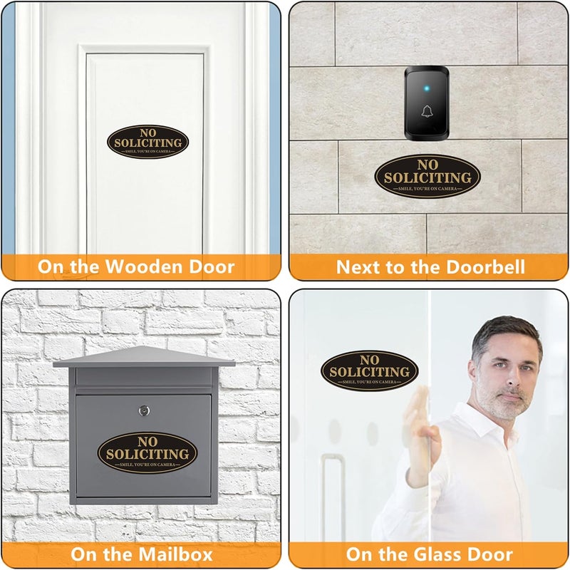 MongFun House Door No Soliciting Sign Metal, 2 Pack Silver Color 7.0 x 3.0 inches, Self-Adhesive Modern Design Aluminum Signs for Office Home Business Company, Waterproof and Weather Resistant (BLACK/GOLD No Soliciting Sign) - Image 3